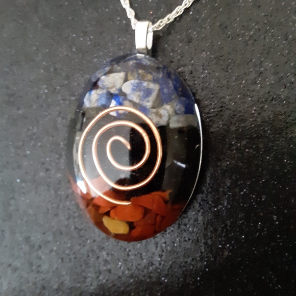 Sterling lapis, jasper, tourmaline orgone necklace - Picture 2 of 6